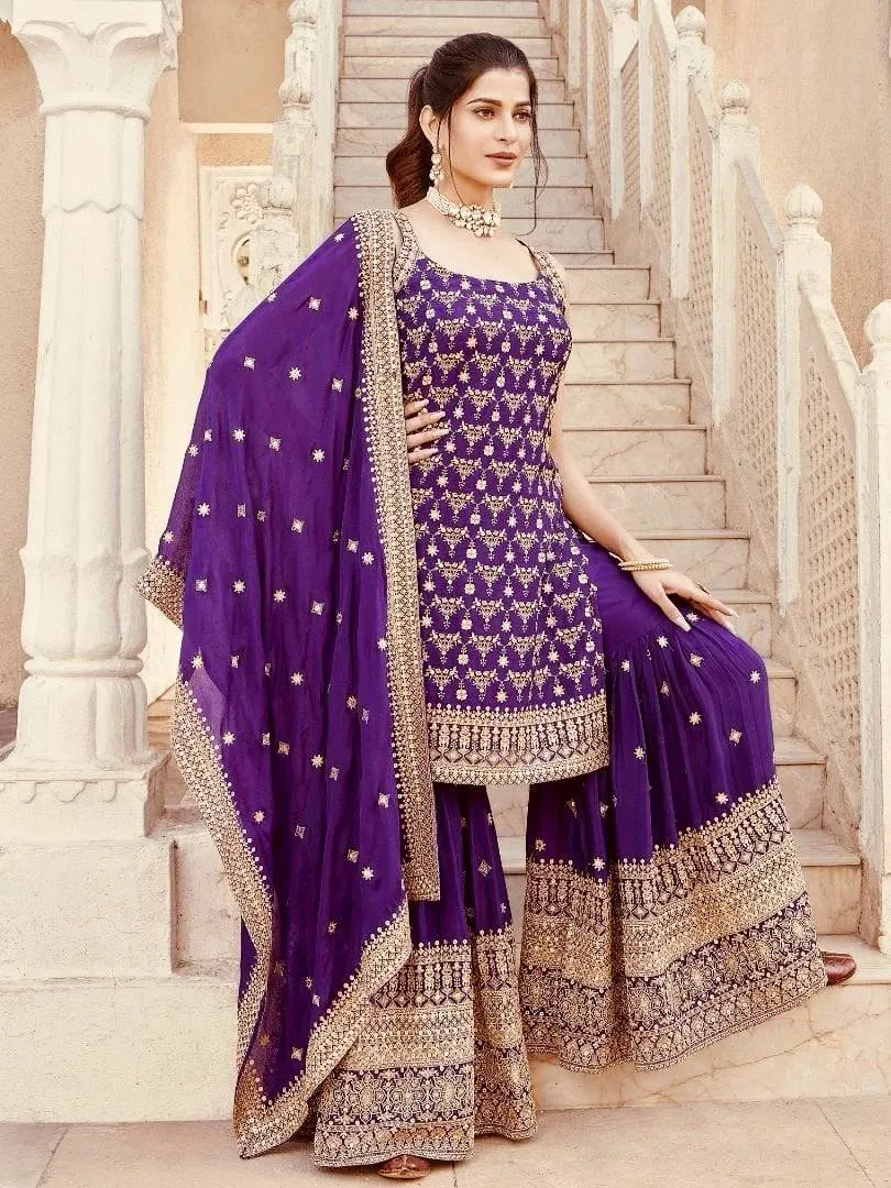 Deepika 5892 Purple Foux Gorgette Thread Work Readymade Dress