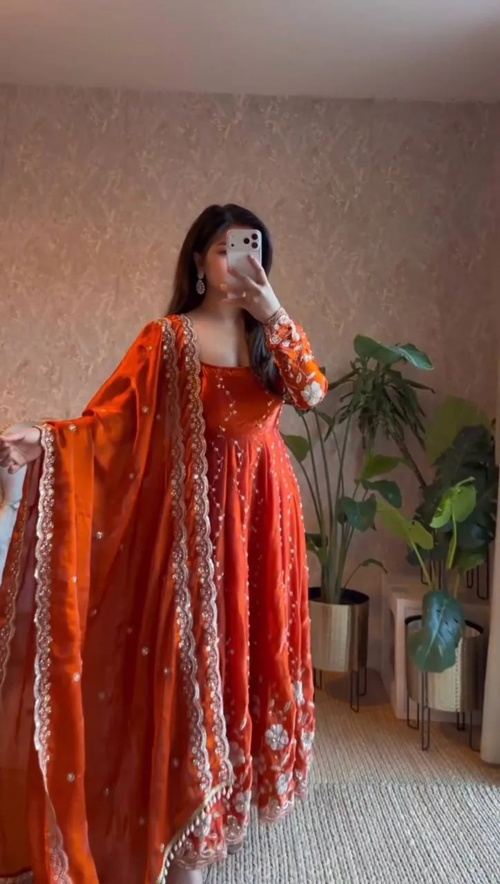 Deepika 5953 Orange Fendy Silk Designer Readymade Dress
