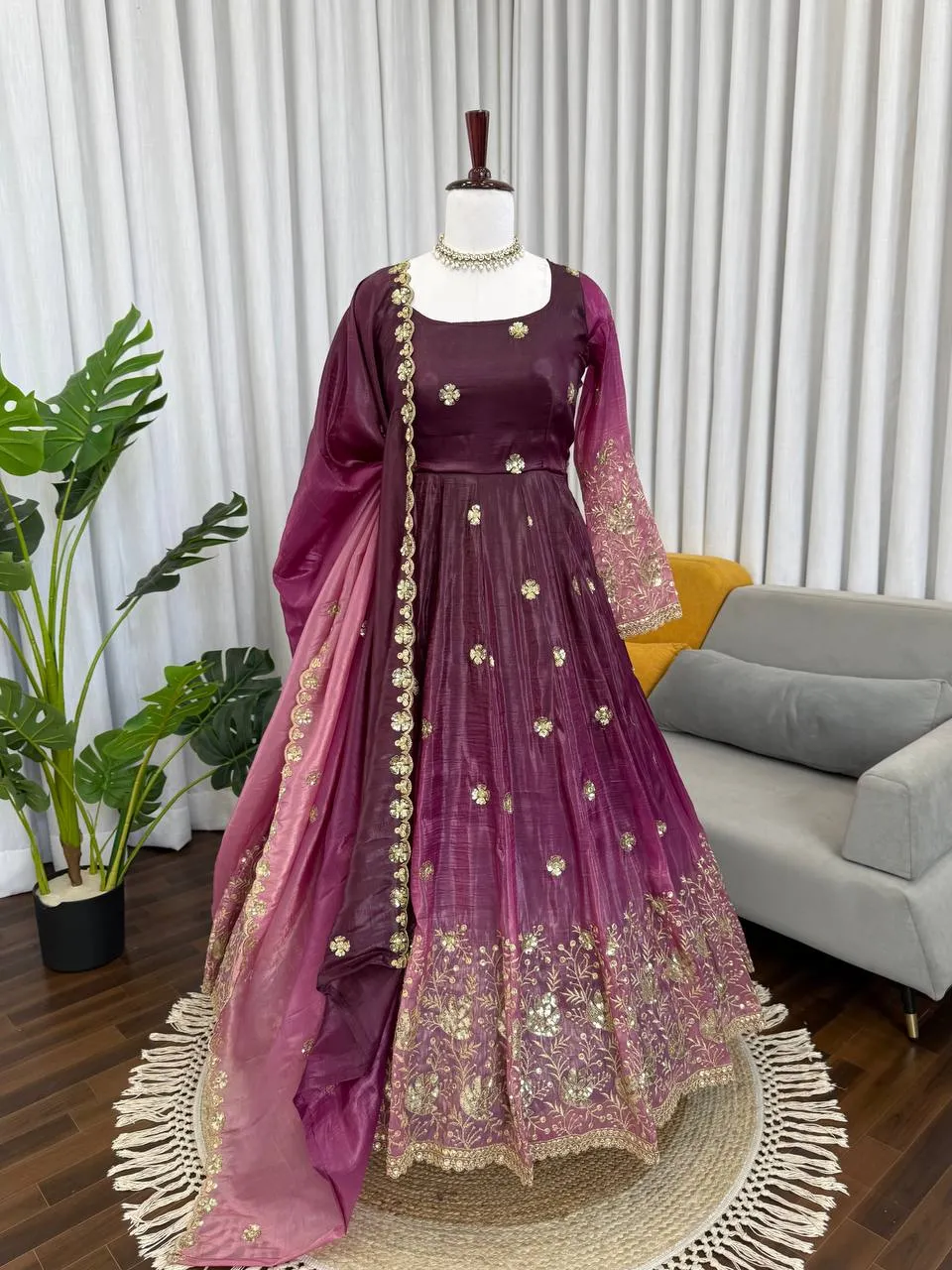 Deepika 5955 Chinon Silk Thread Sequnce Readymade Dress