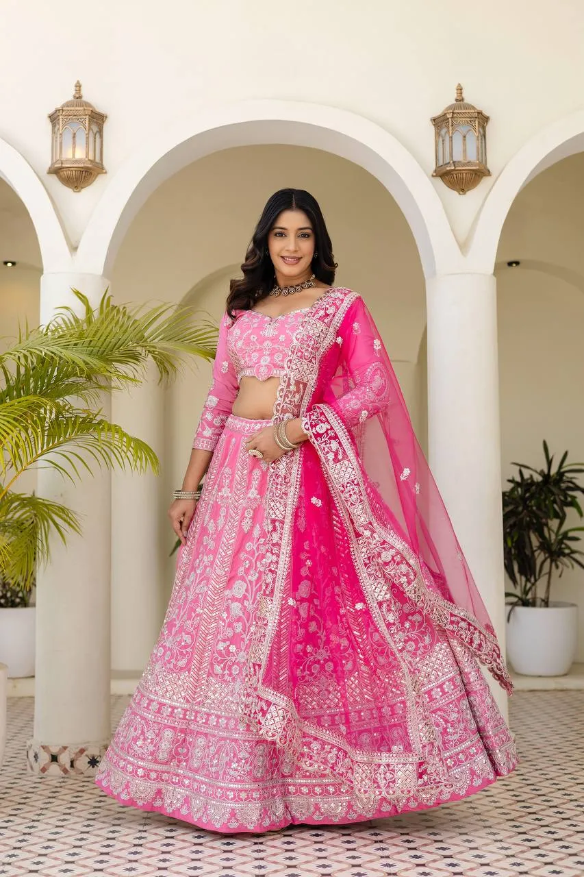 DKT 5148 Pink Natural Crap Silk Wedding Lehenga Choli