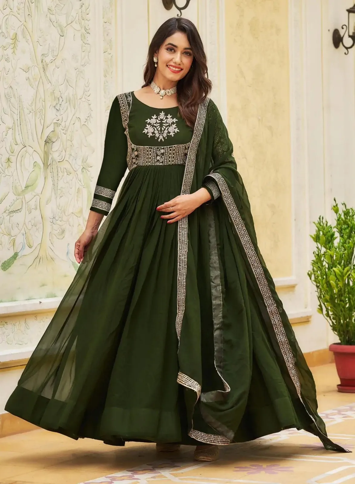 FFD Mehndi Green Georgette Anarkali Gown