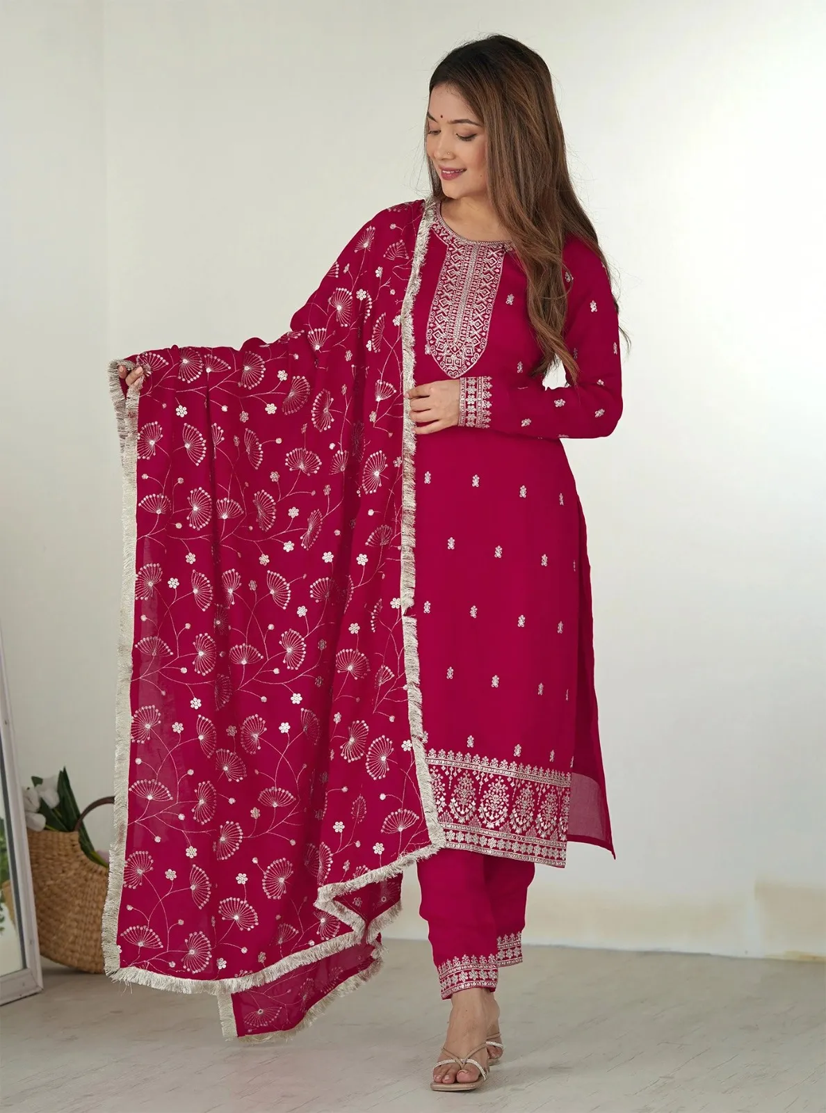 FFD Pink Georgette Embroidery Readymade Dress