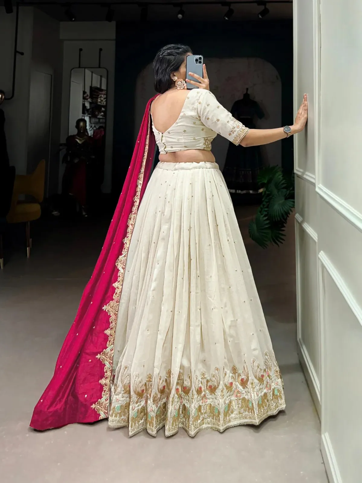 FFD White Chinon Embroidery Wedding Lehenga Choli