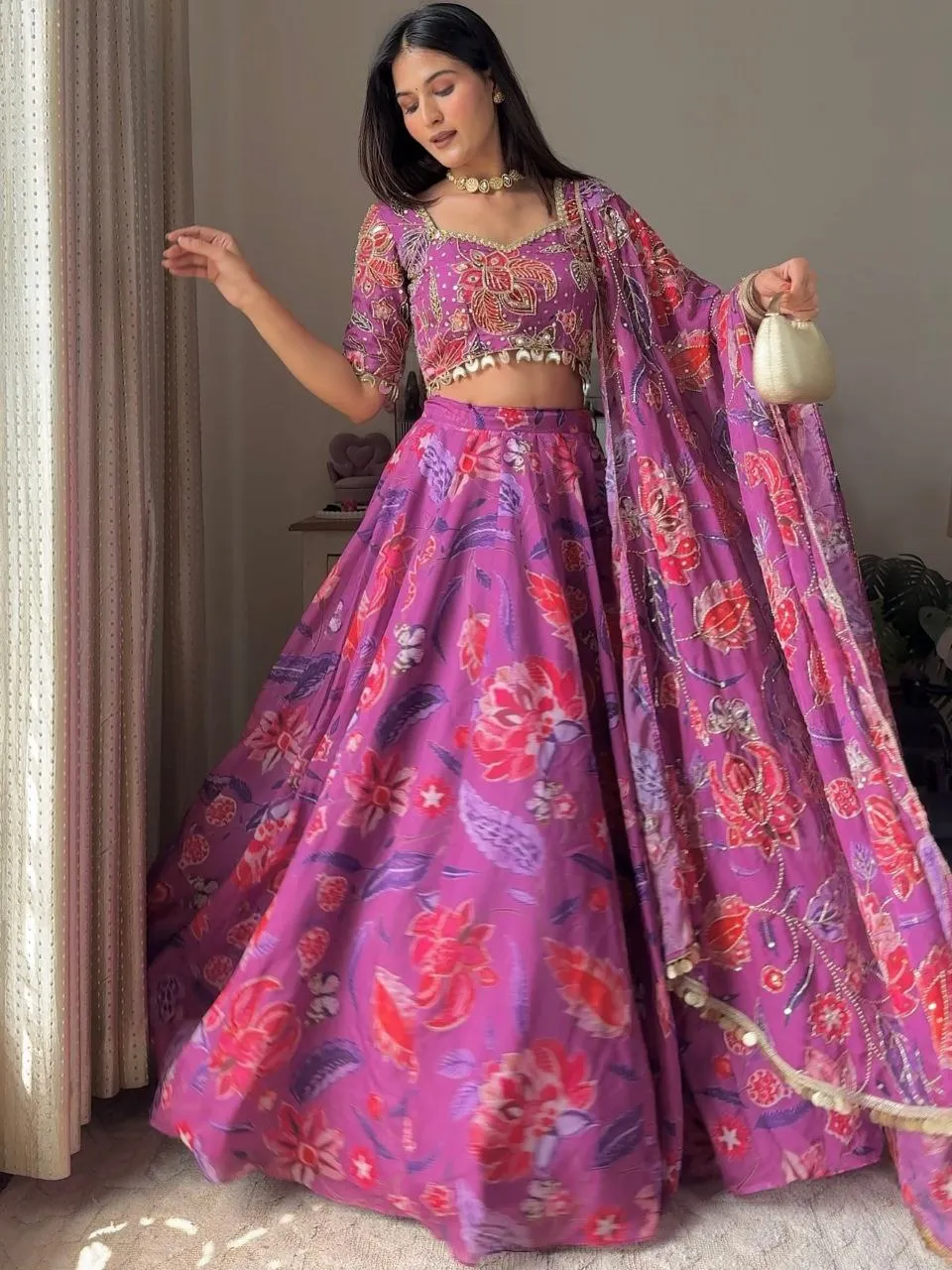 HCR 1099 Georgette Floral Printed Mirror Work Lehenga Choli