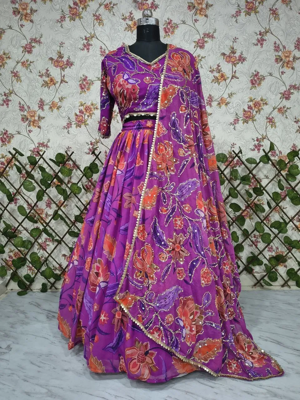 HCR 1099 Georgette Floral Printed Mirror Work Lehenga Choli