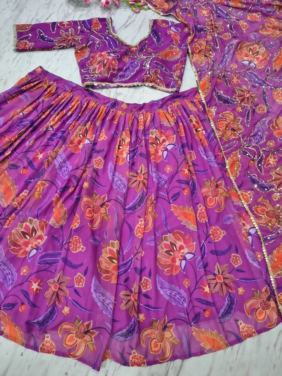 HCR 1099 Georgette Floral Printed Mirror Work Lehenga Choli