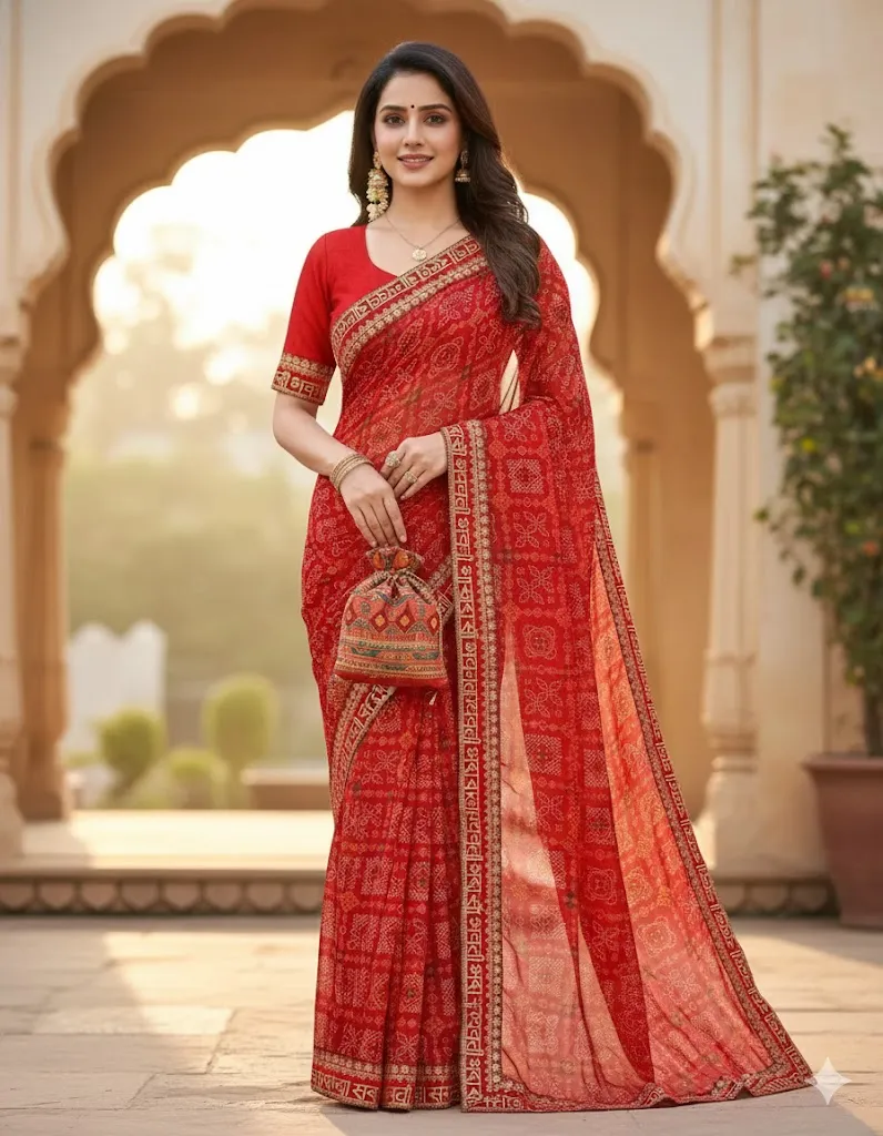 Karwachauth Georgette Bandhani Printed Fancy Saree Collection Sarees