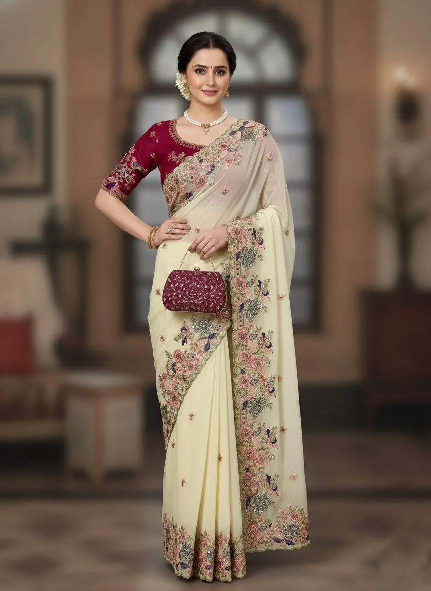 Kiara Onetara Georgette Embroidery Party Wear Sarees