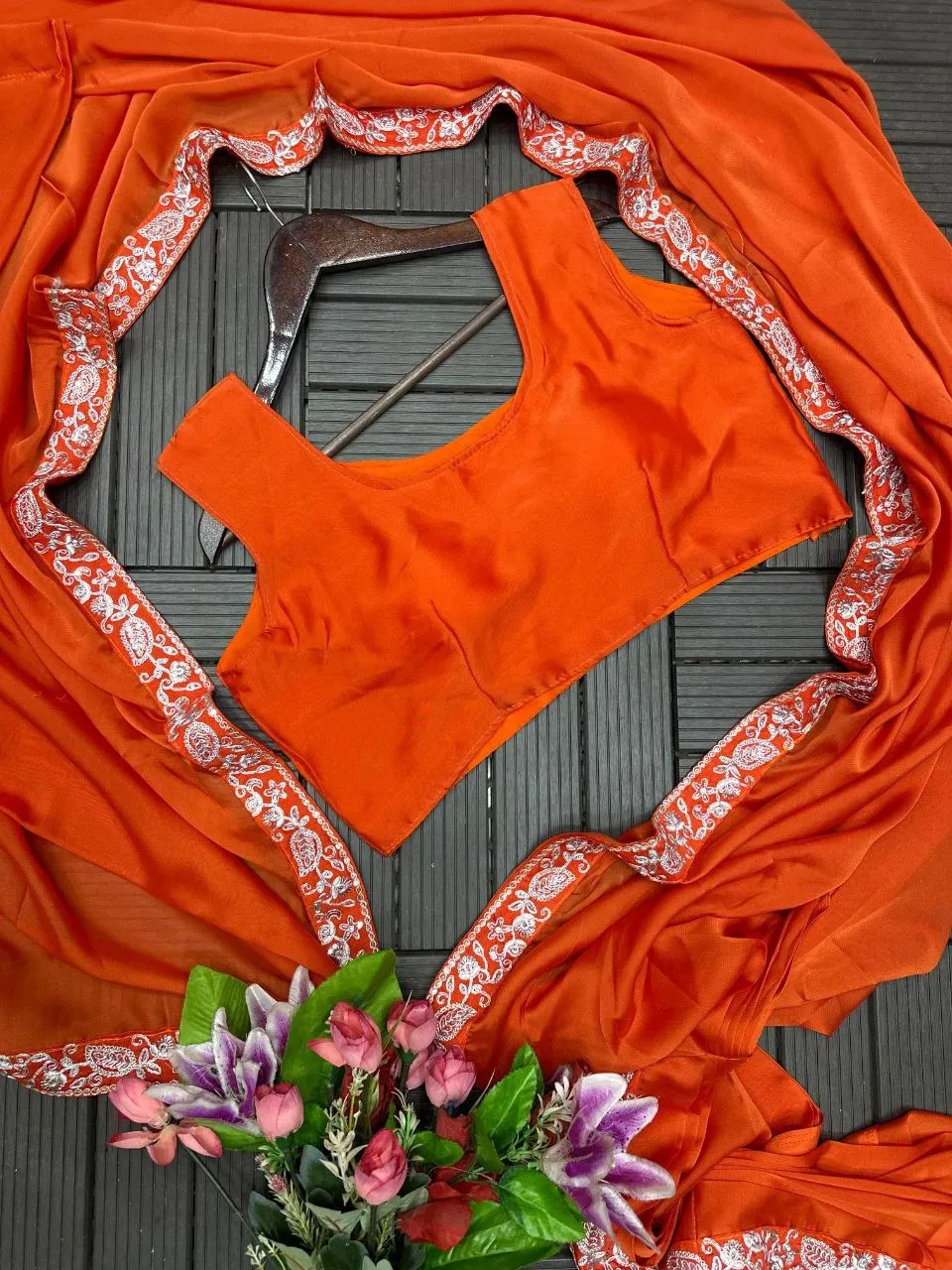 Madhuri 220 Orange Heavy Rangoli Ready To Wear Saree