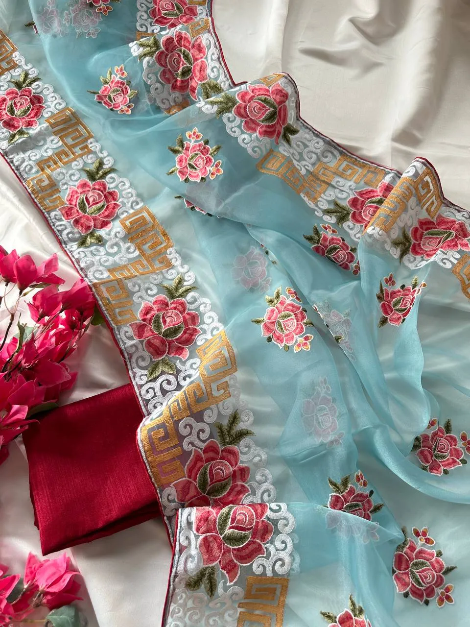 MHV Organza Silk Thread Embroidery Saree