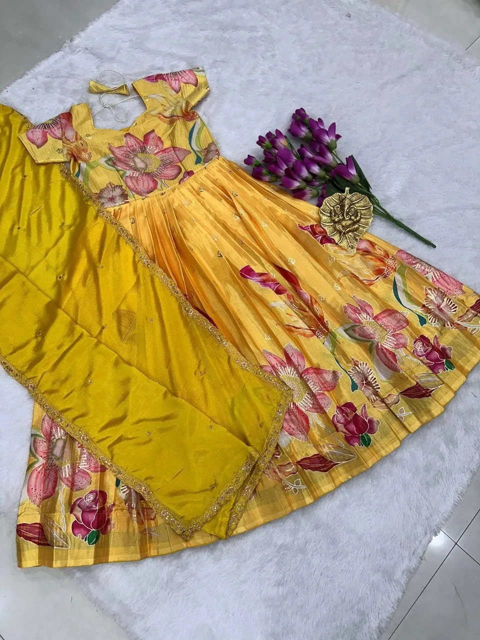 Pari Silk Digital Foil Printed Gown Dupatta Kids Wear