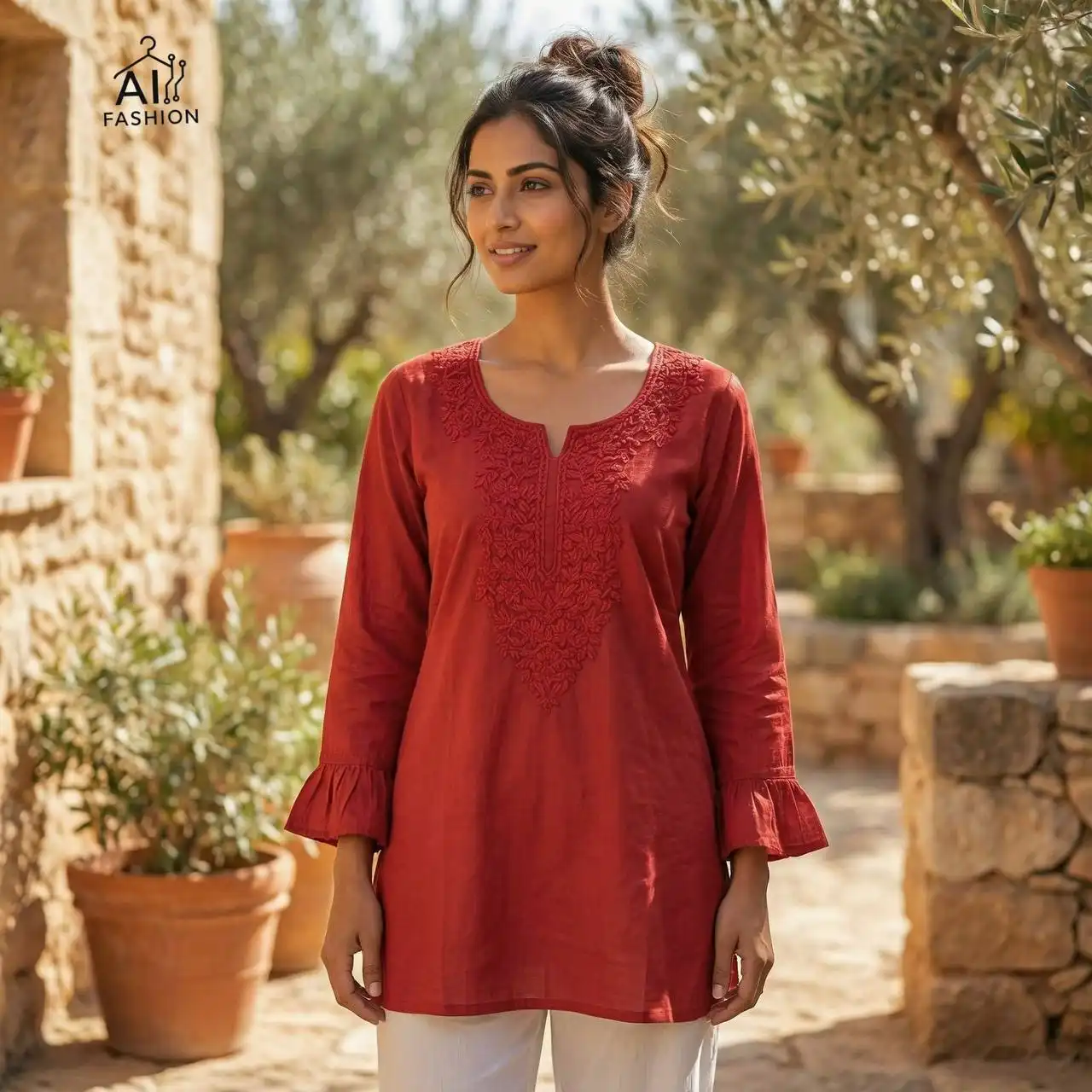 SS2016 Heavy Rayon Chikan Work Short Top Western Wear - Image 3