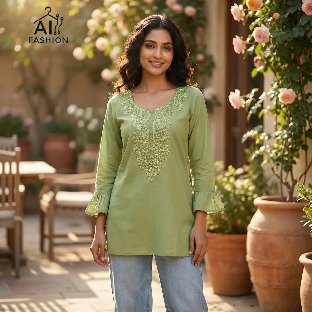 SS2016 Heavy Rayon Chikan Work Short Top Western Wear