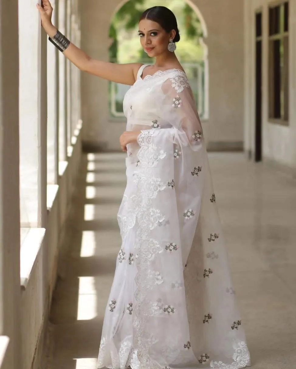 RBC 5074 White Organza Silk Floral Embroidery Sarees