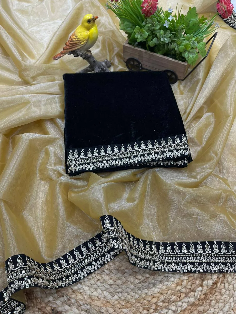 RBC 6034 Soft Twill Net Velvet Lace Border Sarees