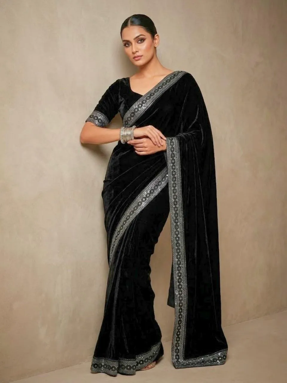 RBC 6050 Black Velvet Embroidery Lace Broder Winter Sarees
