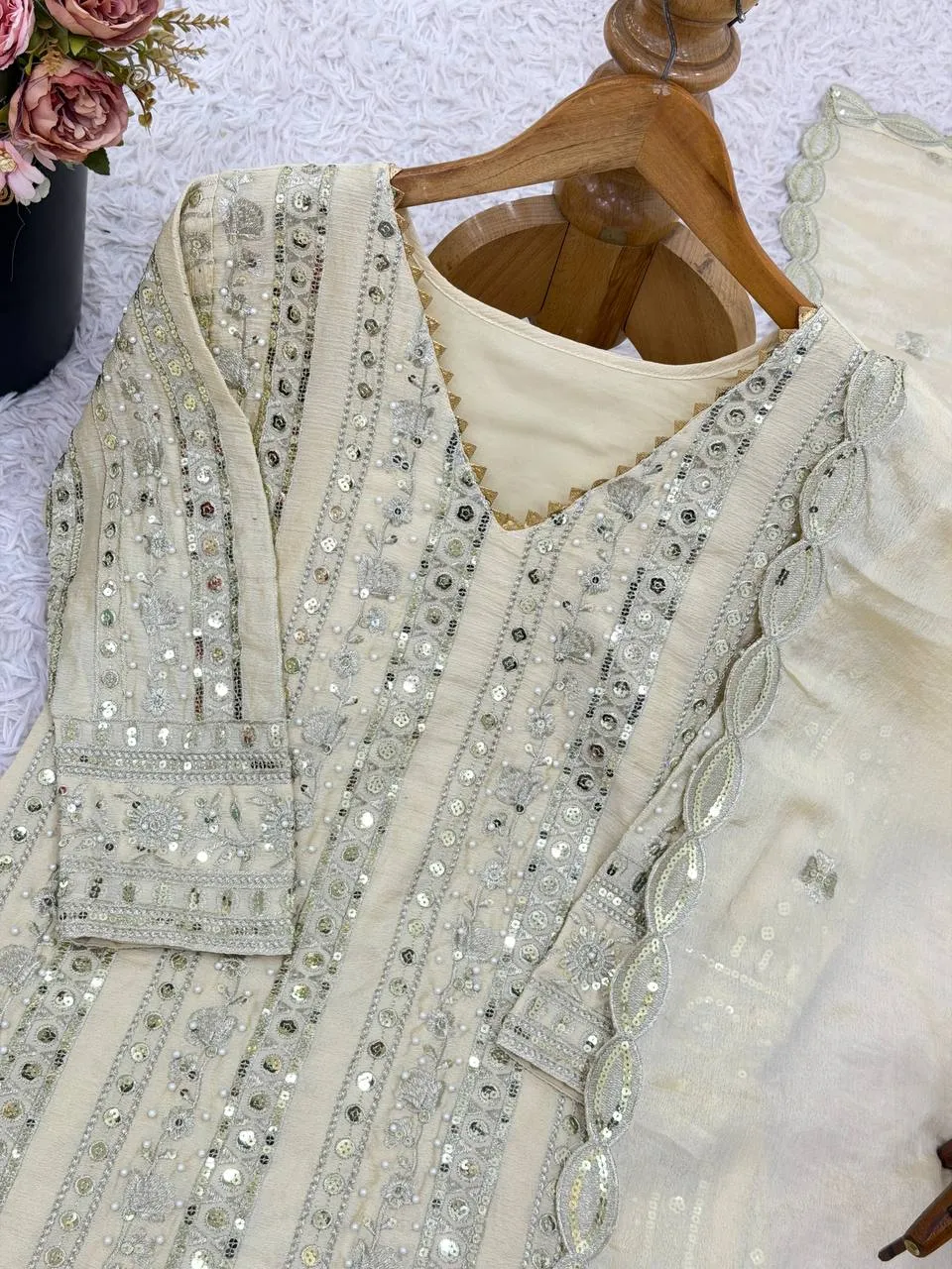 Sabina 1689 Cream Faux Georgette Embroidery Readymade Dress