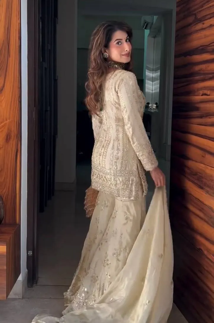 Sabina 1689 Cream Faux Georgette Embroidery Readymade Dress