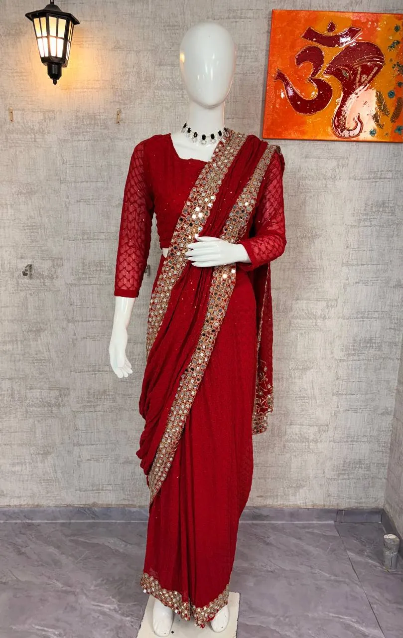 SBD 1811 Red Faux Georgette Christmas Ready To Wear Sarees