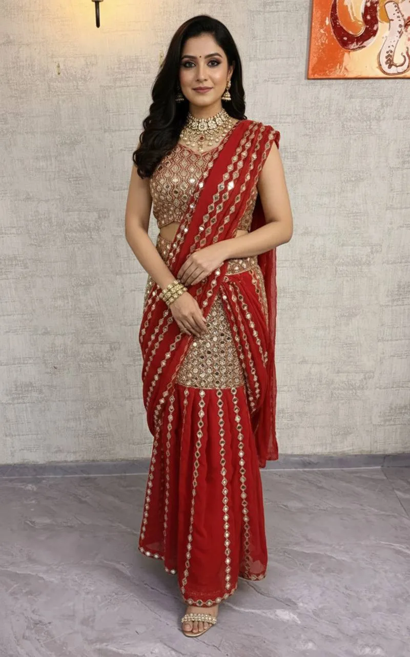SBD 1812 Red Faux Georgette Mirror Work Ready to wear Sarees