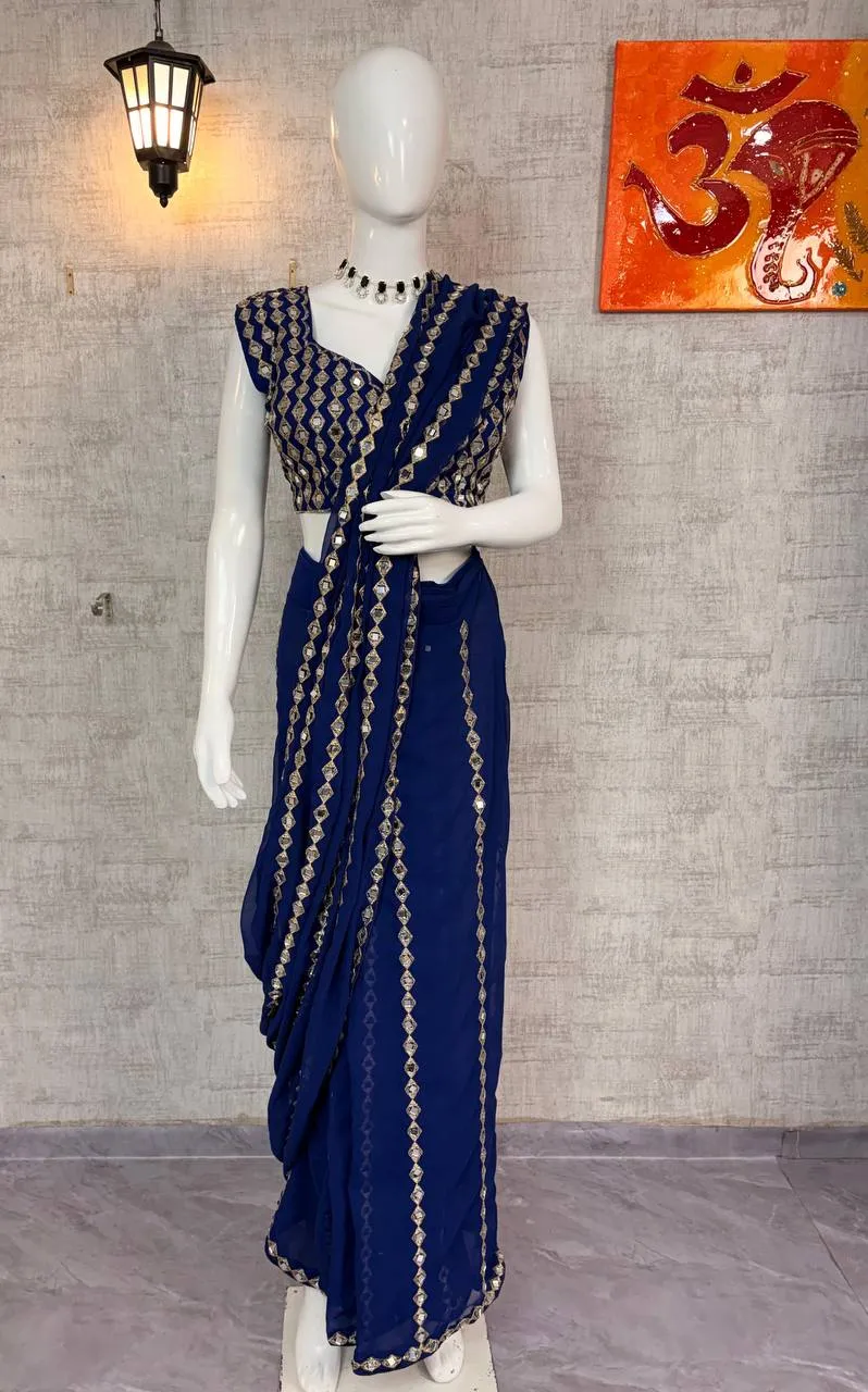 SBD 1813 Faux Georgette Real Mirror Work Ready to wear Sarees