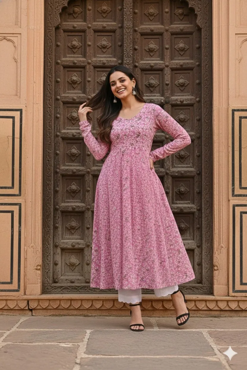 Shiv Vol 87 Pink Georgette Printed Long Kurtis