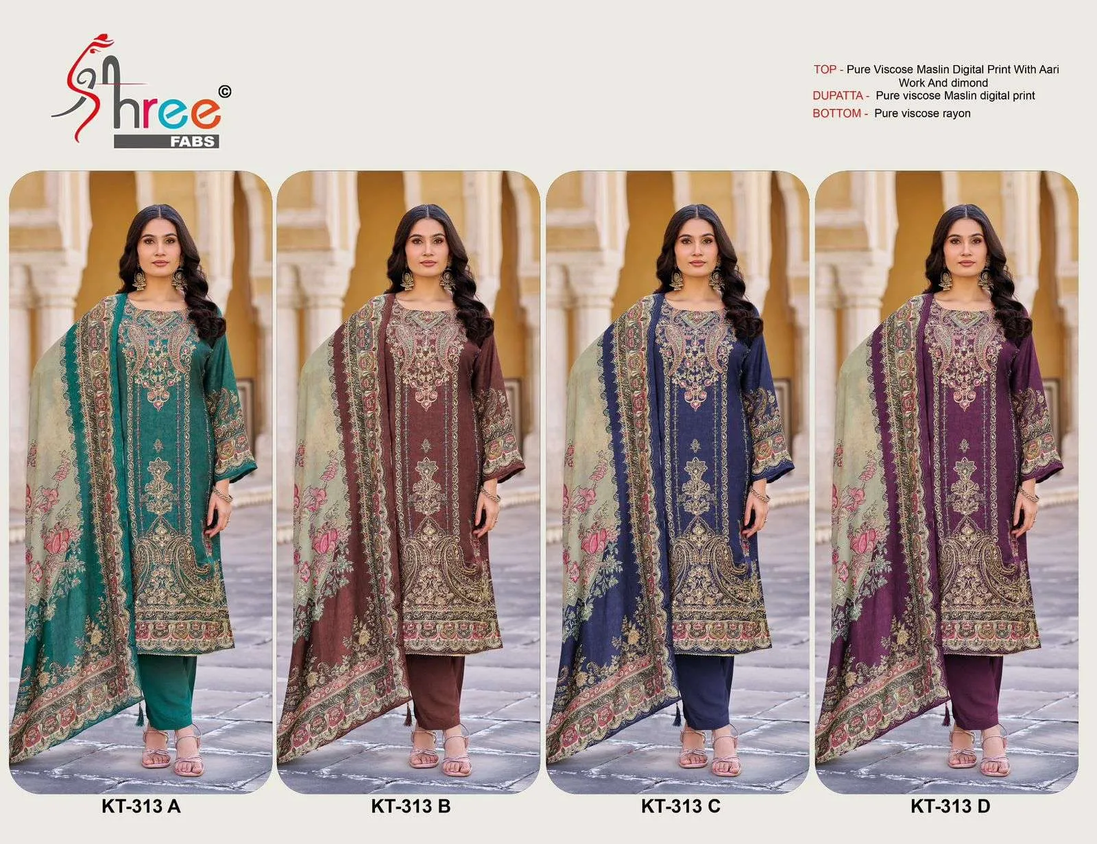 Shree Fab Design No - Kt - 313 Pure Viscose Muslin Digital Print Aari Handwork Pakistani Salwar Suit Pakistani Suits