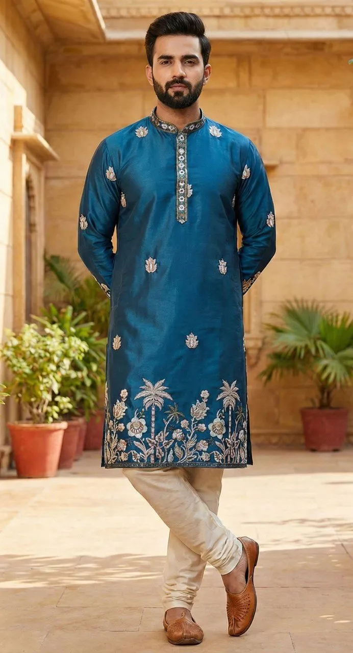 Shyam Vol 53 Malai Silk Embroidery Kurta Pajama Men's Wear