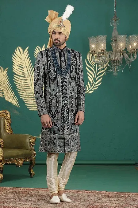 Sumi 4003 Art Silk Wedding Sherwani With Bottom Men's Wear
