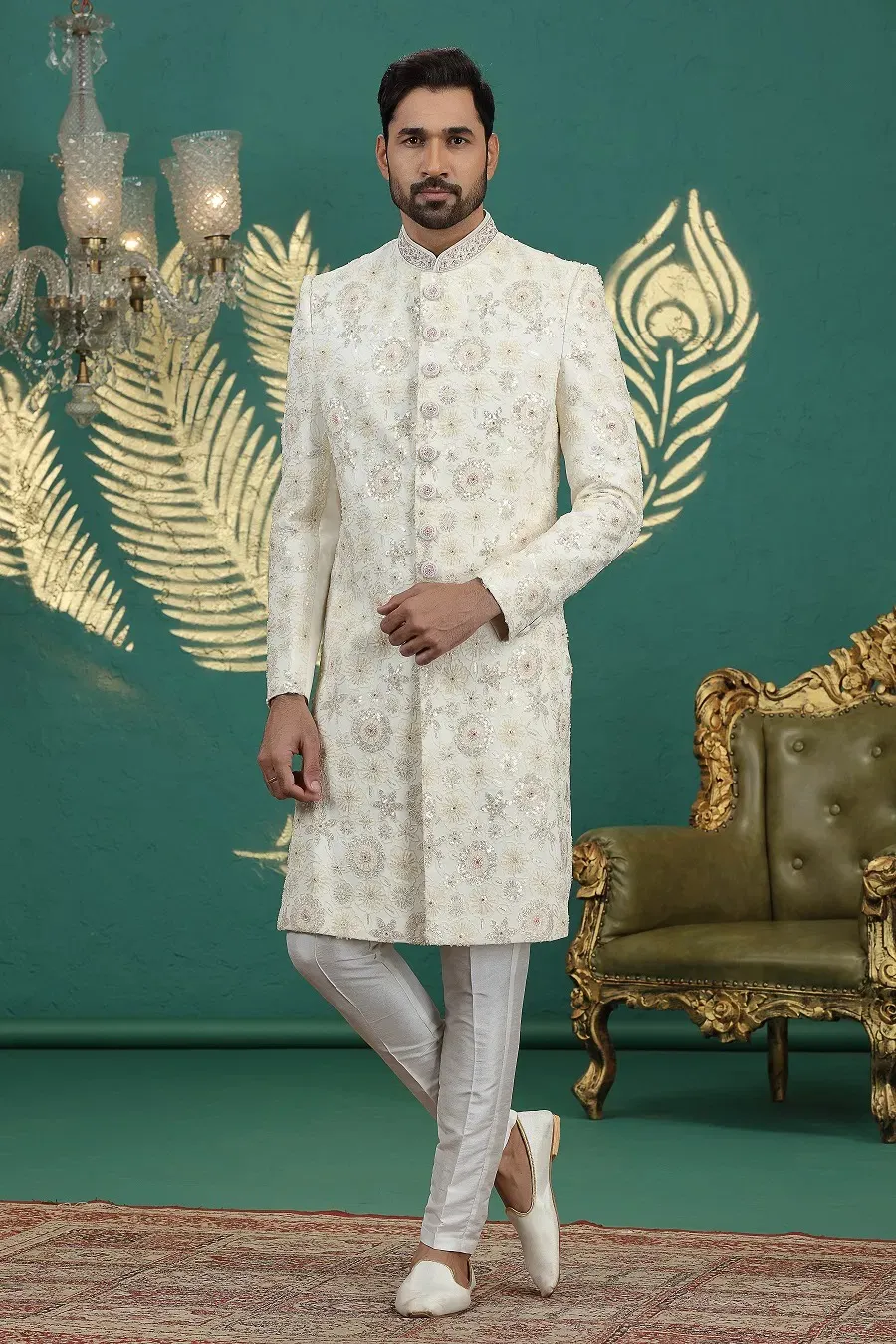 Sumi 4005 Art Silk Designer Wedding Sherwani With Bottom Men's Wear