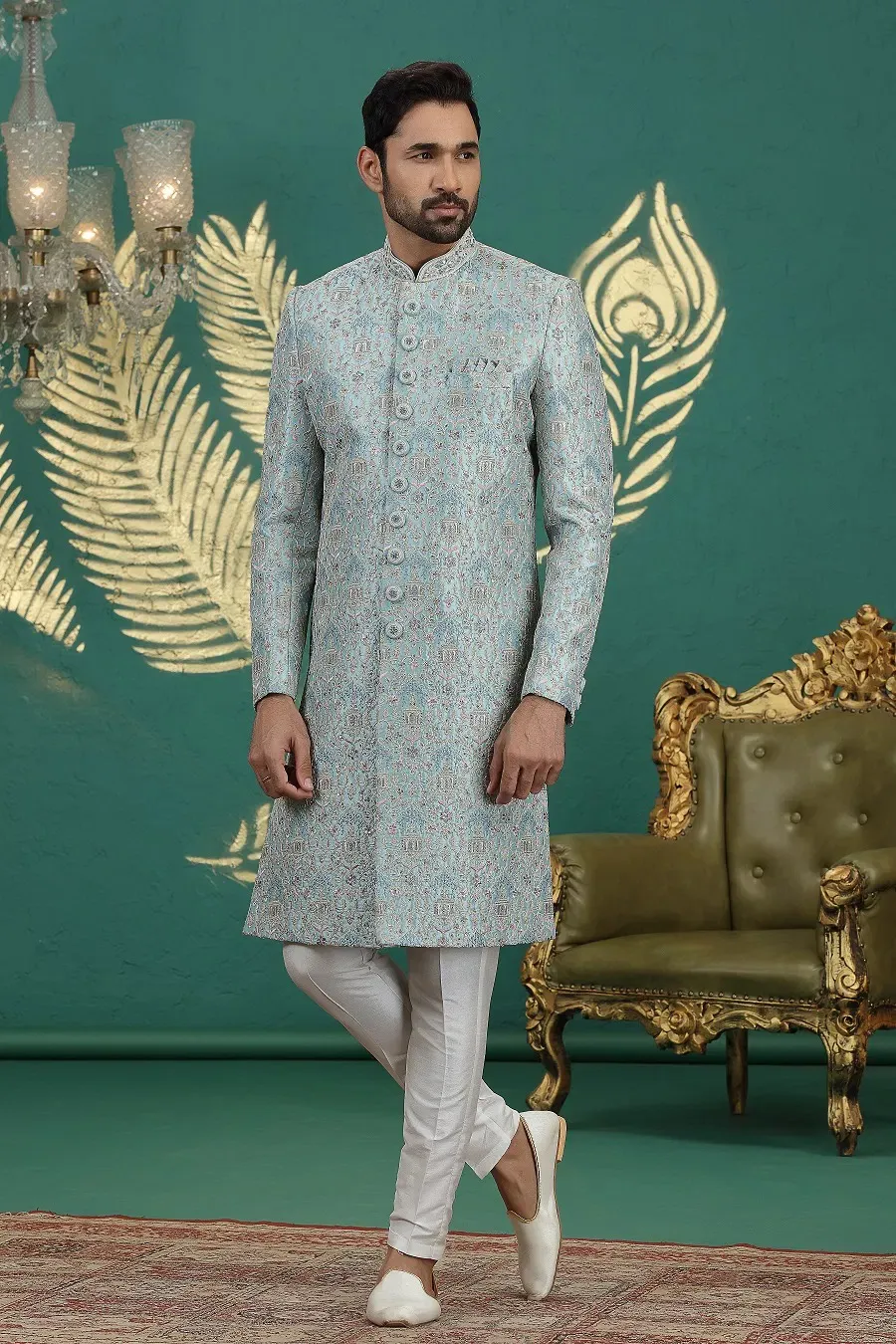 Sumi 4013 Art Silk Wedding Sherwani With Bottom Men's Wear
