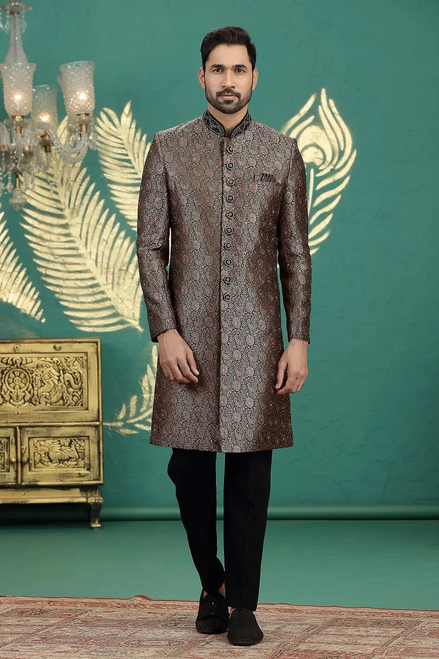 Sumi 4026 Banarasi Jacquard Occasion Sherwani With Bottom Men's Wear