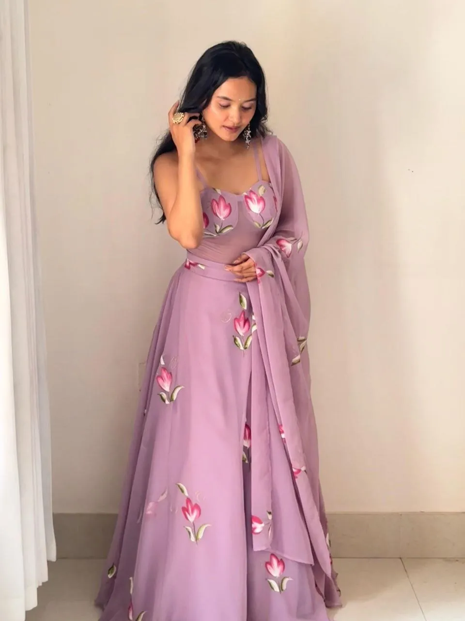 SWT 1189 Light Purple Georgette Painted Lehenga Choli