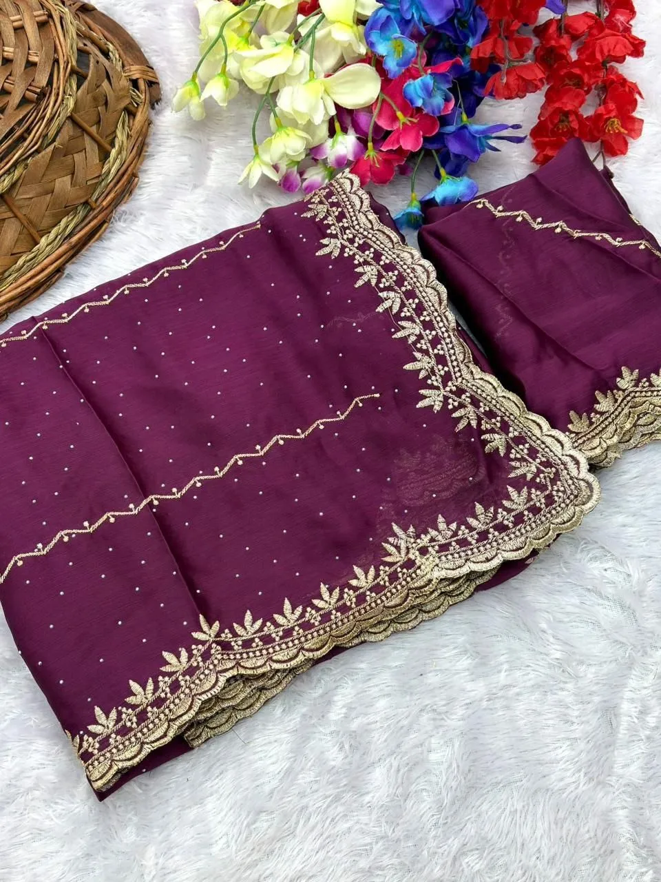 VFT Satin Chiffon Crush Silk Embroidery Sarees
