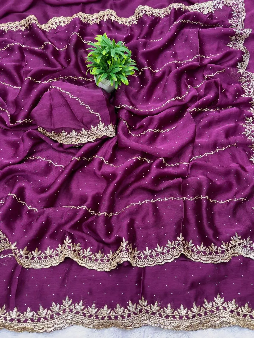 VFT Satin Chiffon Crush Silk Embroidery Sarees