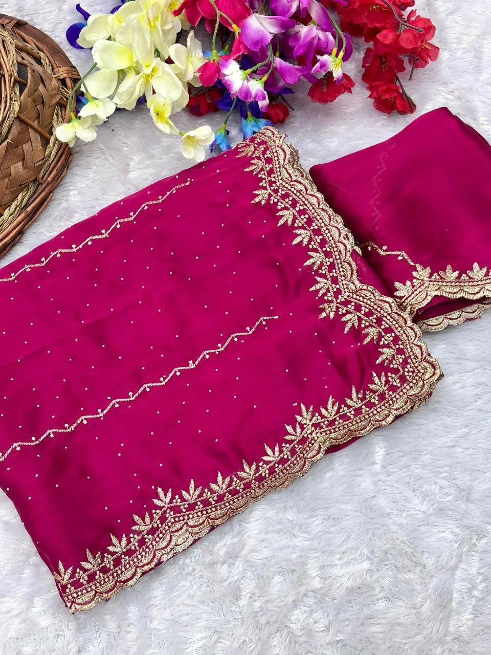 VFT Satin Chiffon Crush Silk Embroidery Sarees