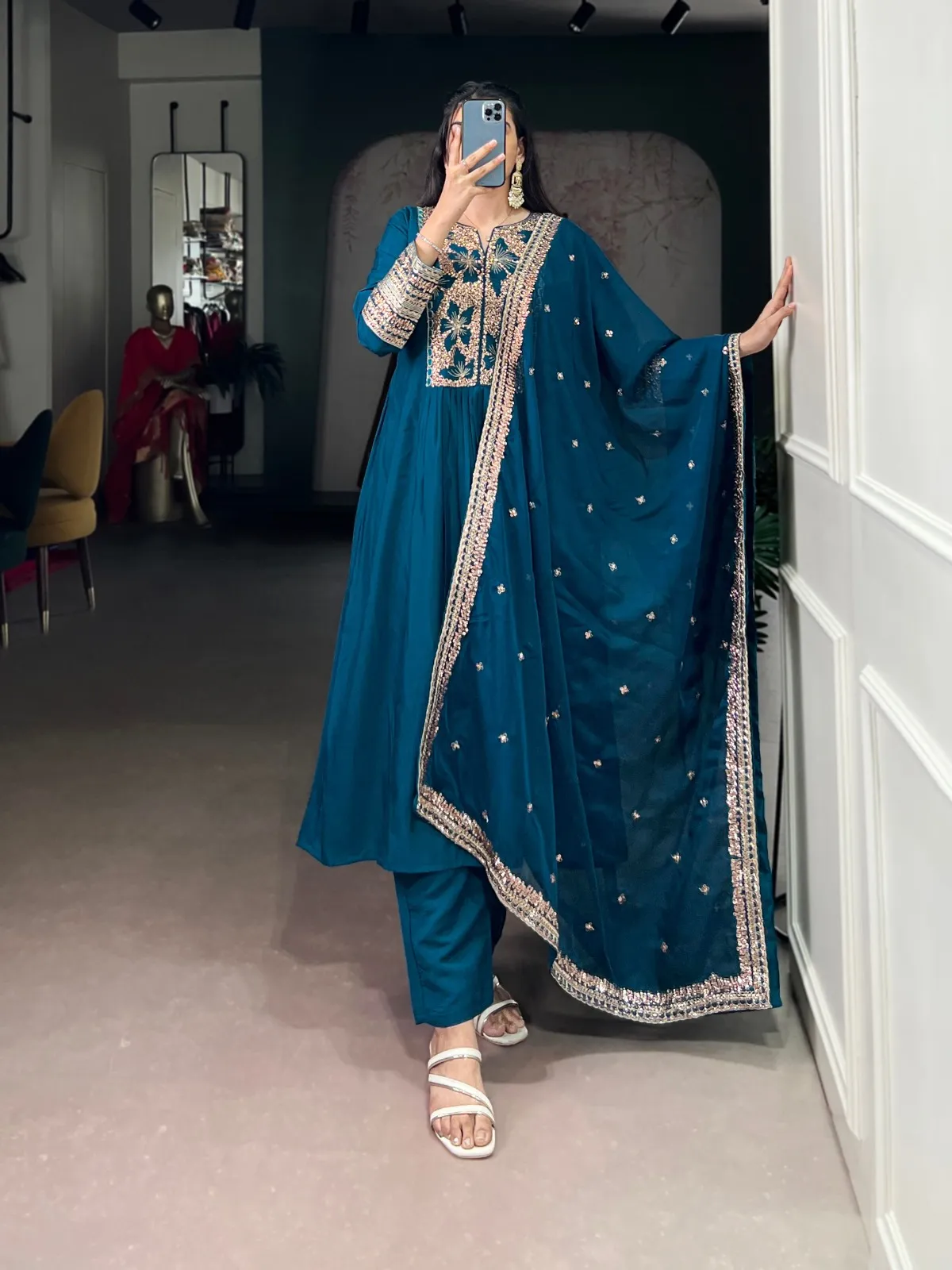 WMN 3034 Rama Color Roman Silk Embroidery Readymade Dress