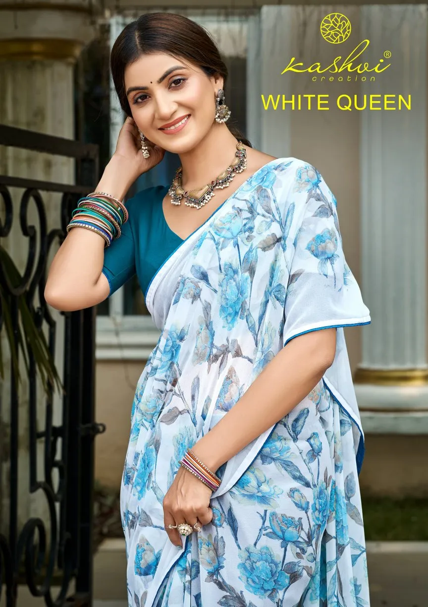 Kashvi White Queen Georgette Casual Wear Saree Collection Sarees