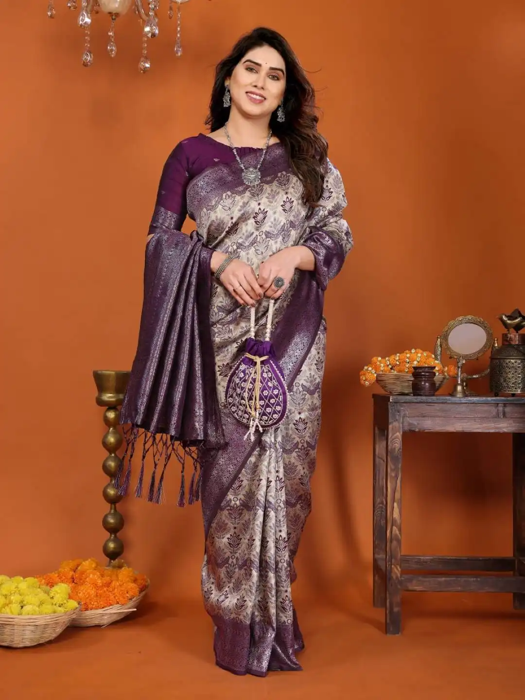 LFK 9072 Banarasi Soft Silk Traditional Saree with Zari Motifs & Jacquard Blouse