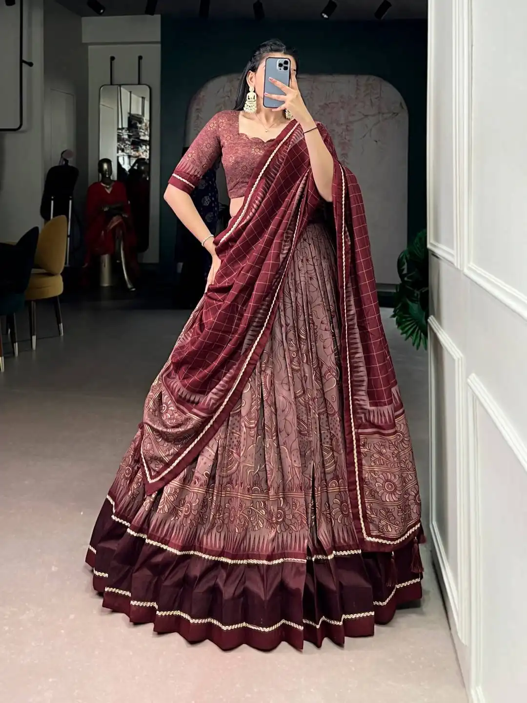 WMN 1206 Kalamkari Print Lehenga Choli in Tasar Silk