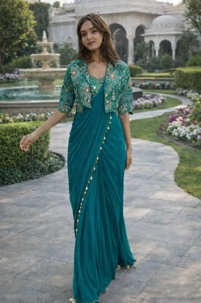 BDB 59A Pre Pleated Saree With Stripless Blouse And Jacket
