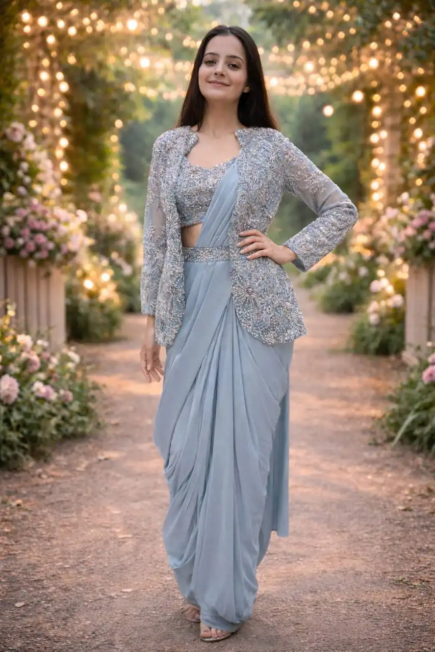 BDB 62 Pre Pleated Saree With Designer Blouse Jacket And Belt