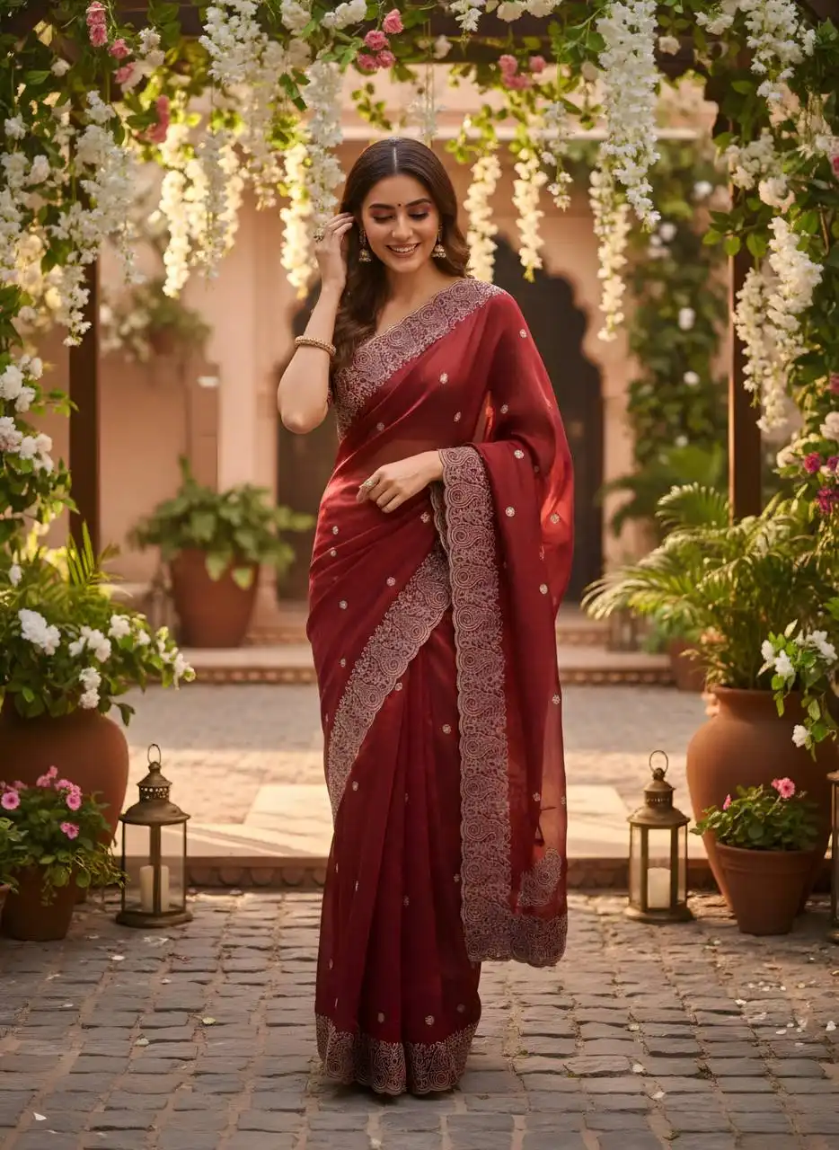 MHV Sulaksmi Embroidery Border And Butti Work Festive Saree