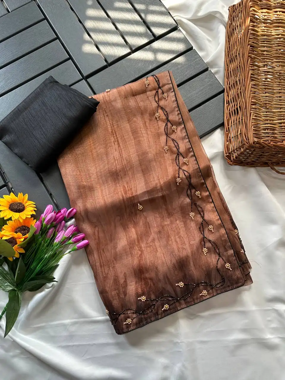 MHV Madhumati Printed Pearl Handwork Party Wear Saree