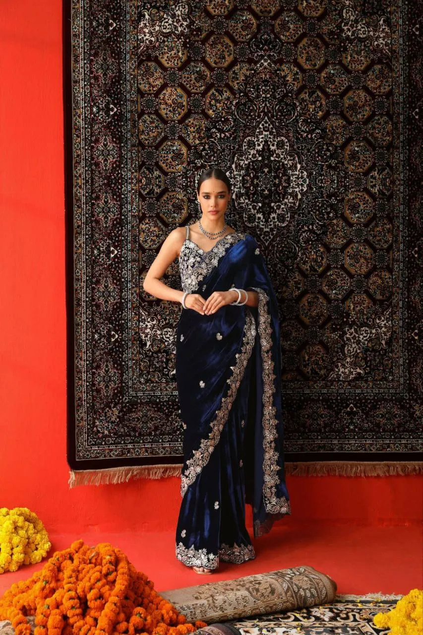 RC1 5089 9000 Velvet Designer Embroidery Party Wear Saree Wholesale