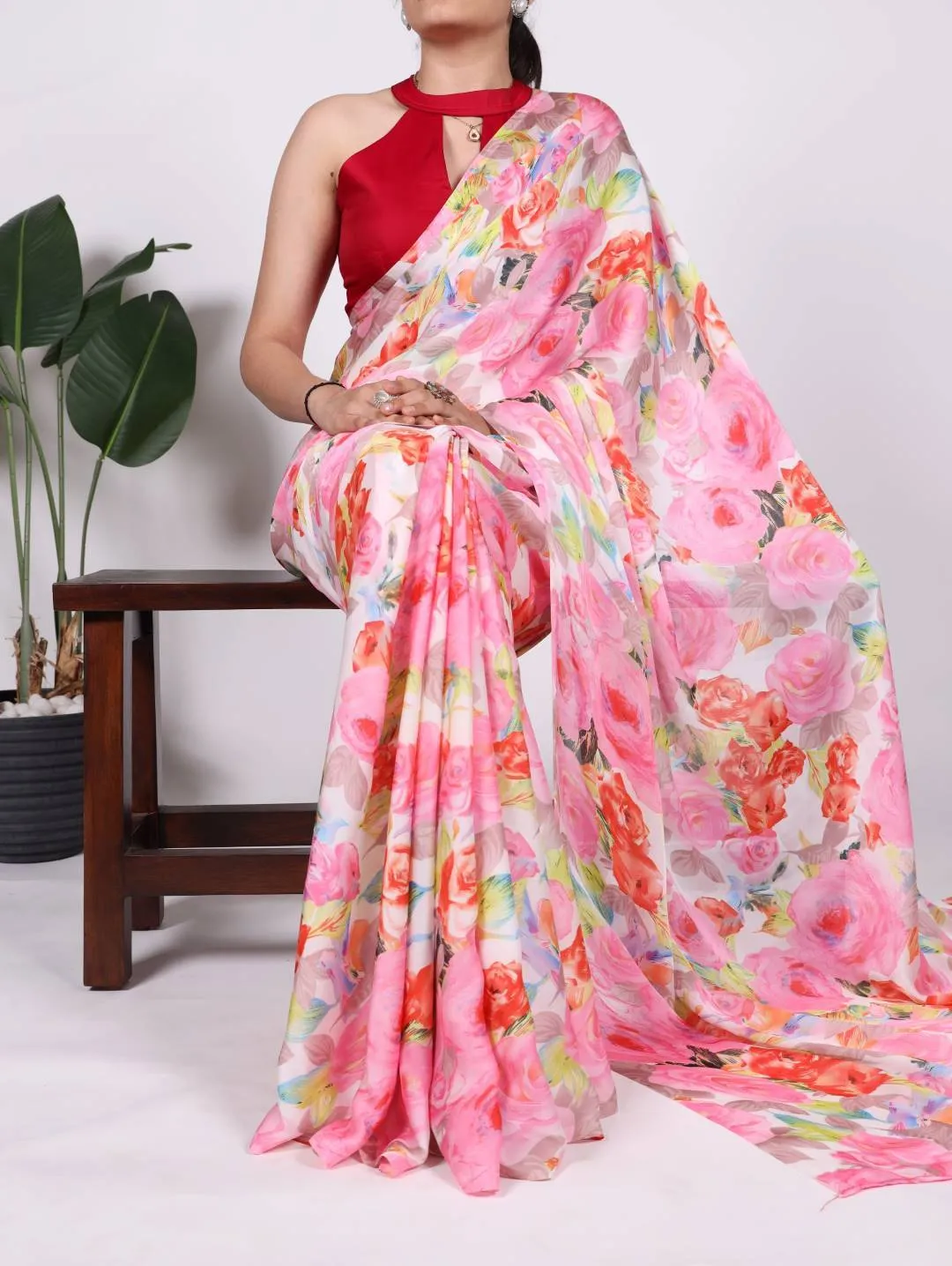 WMN 7017 Dull Satin Floral Printed Saree Wholesale