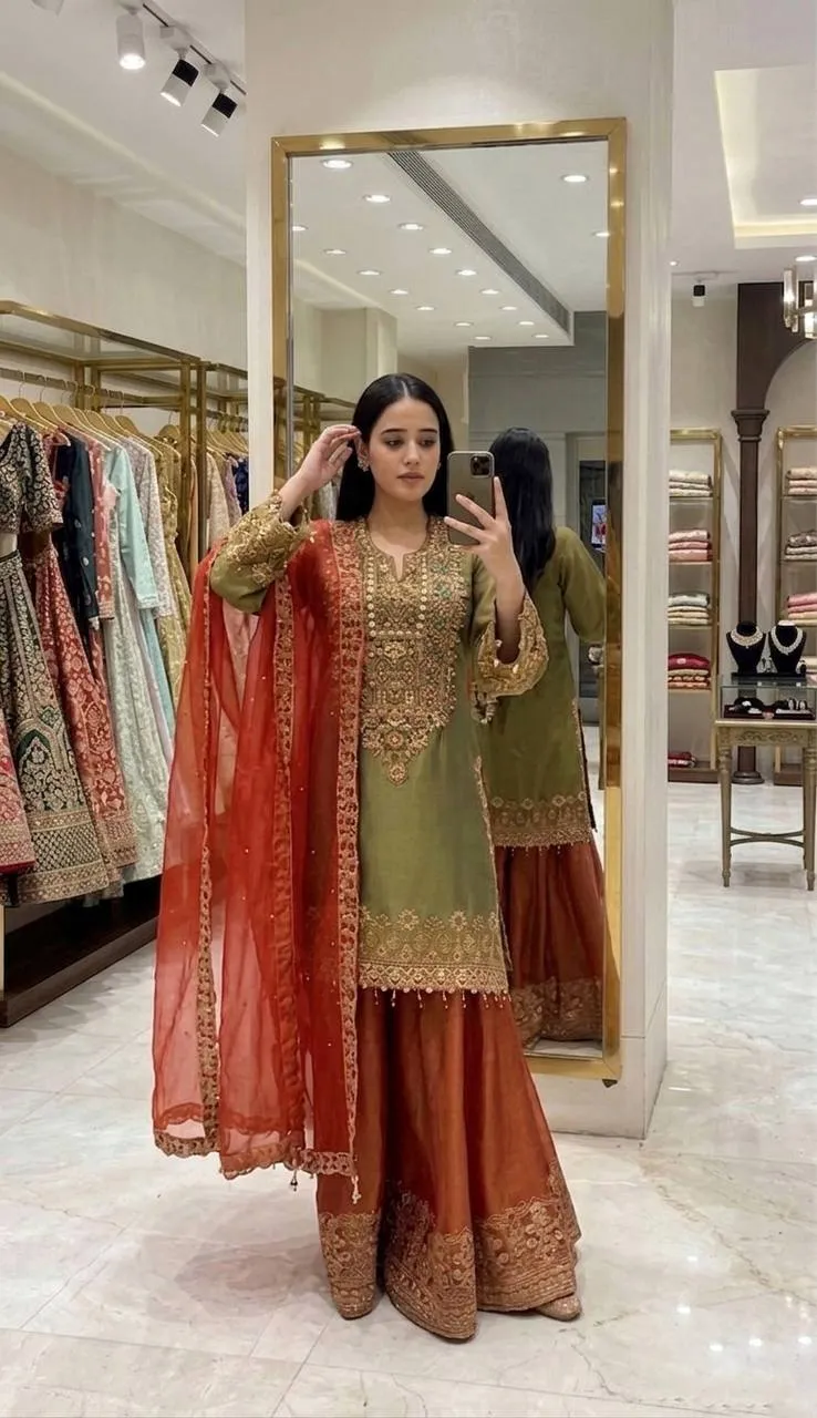 Sabina 539 Roman Glass Silk Embroidery Party Wear Sharara Suit Wholesale