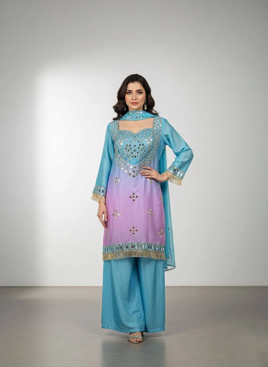 SBD 1827 Chinon Silk Mirror Embroidery Party Wear Sharara Suit Wholesale Surat