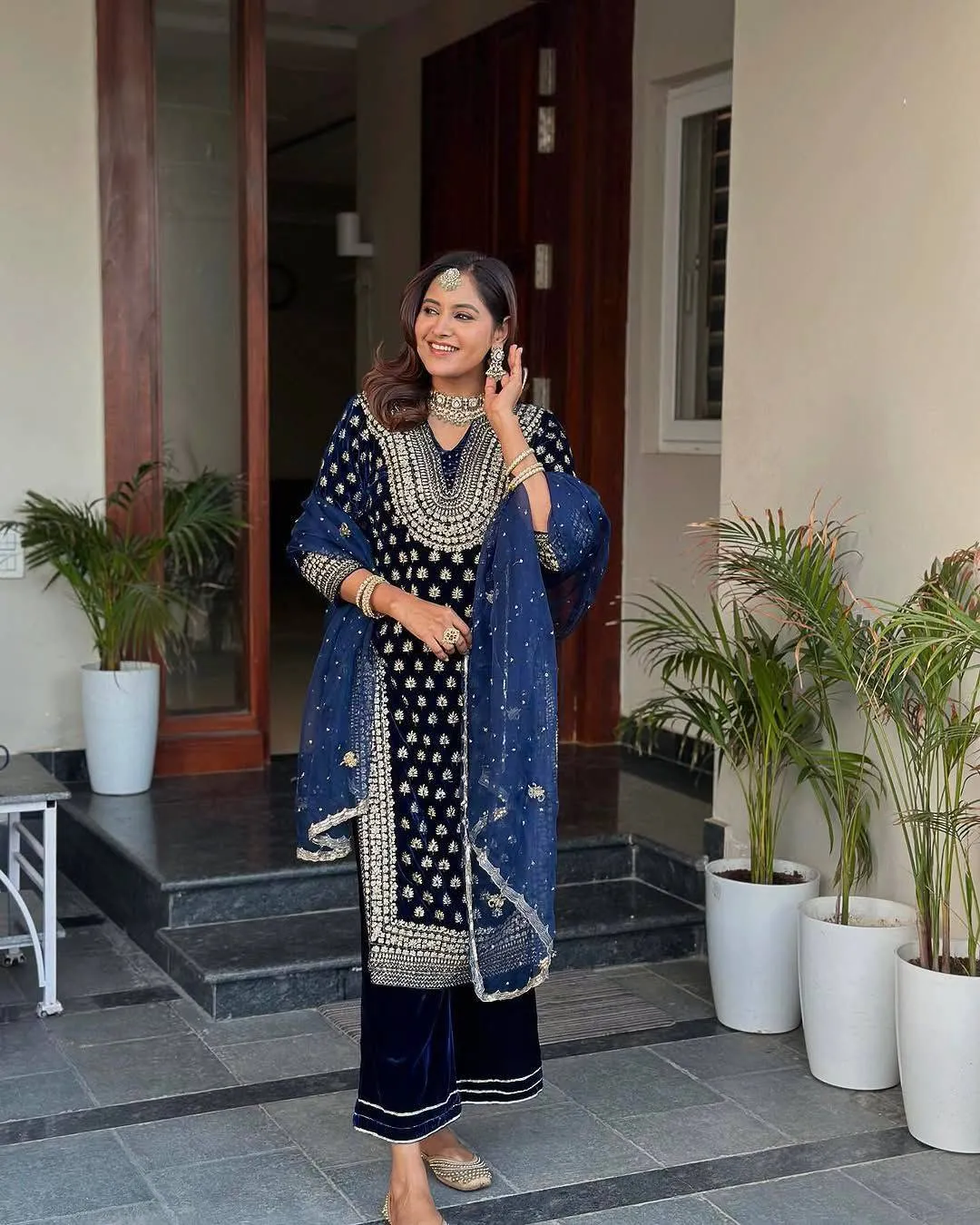 C585 1409 Designer Velvet Embroidery Work Readymade Dress Wholesale Surat