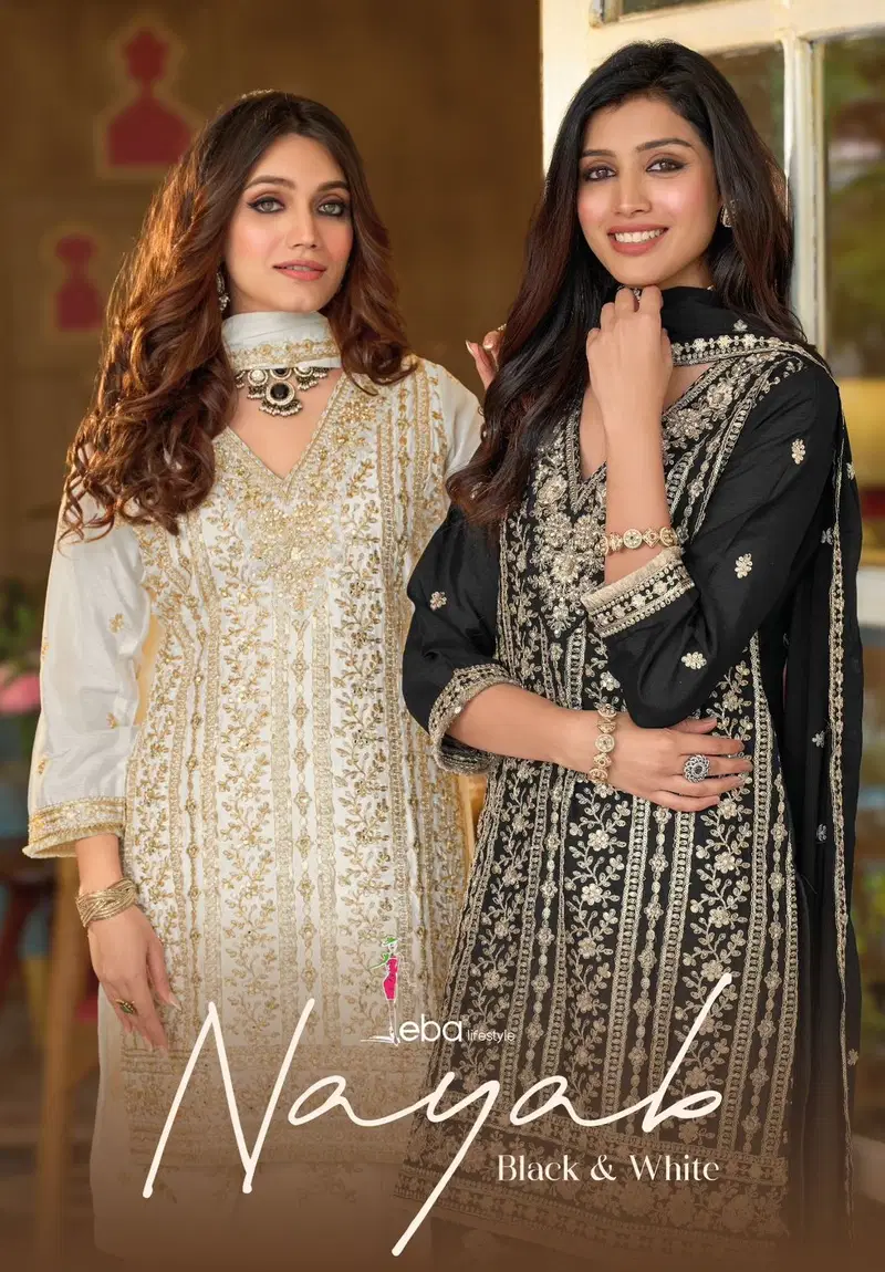 Eba Nayaab Black And White Chinon Embroidered Salwar Suits Wholesale